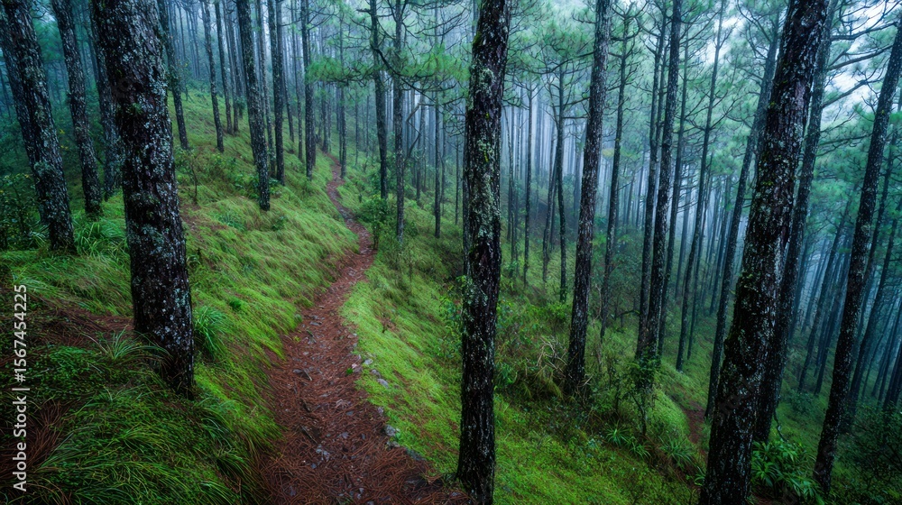 Obraz premium Misty pine forest trail