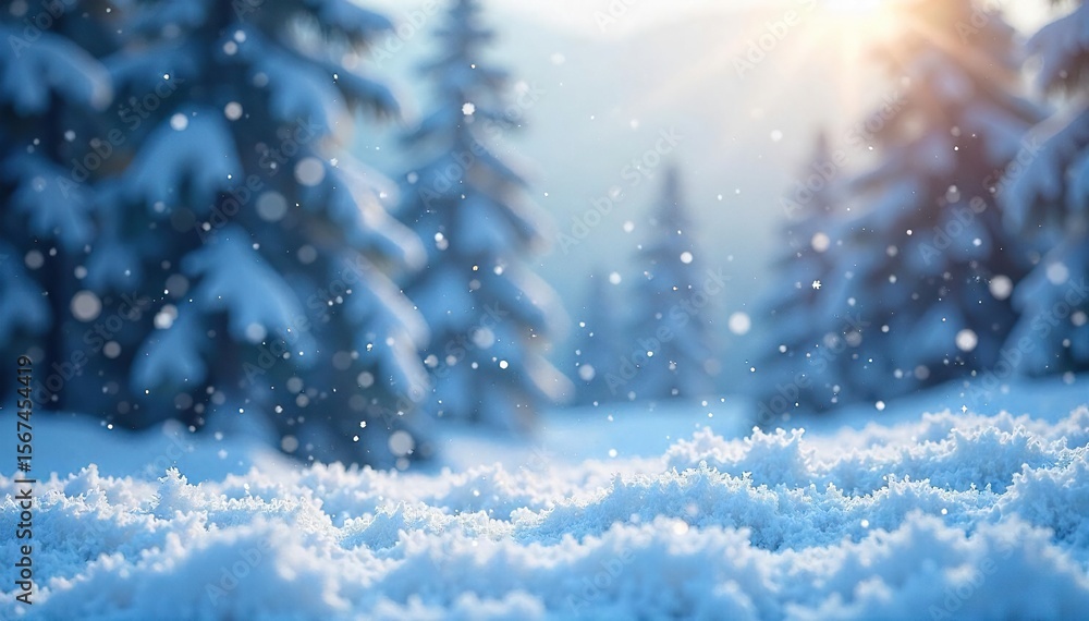 Naklejka premium Serene Winter Landscape Mesmerizing Snowflakes Falling on Tranquil Nature Scene, Perfect for Holiday and Winter Themes