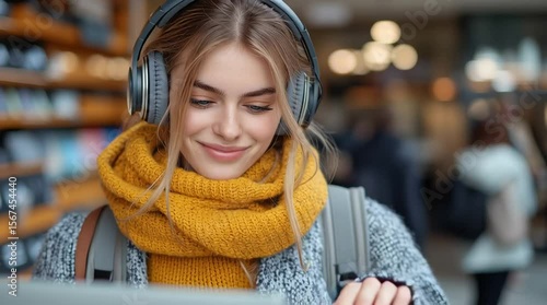 Young woman recording podcast with headphones and smiling in public space