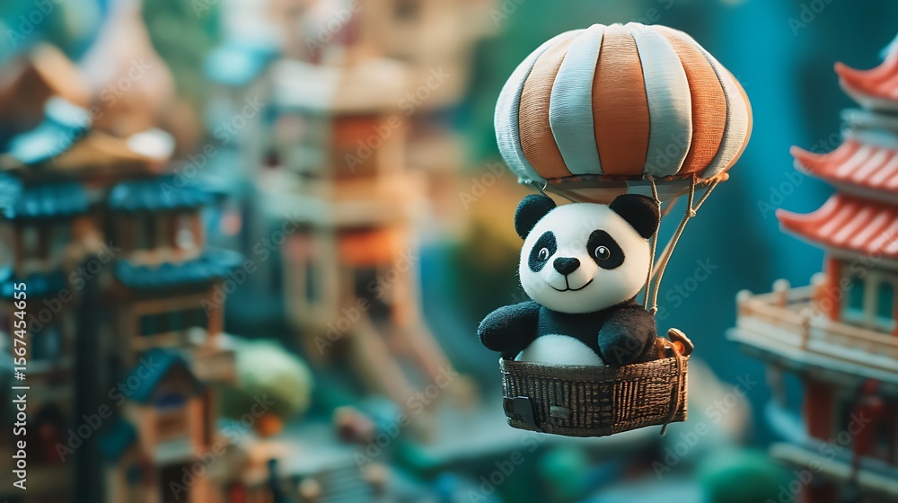 Fototapeta premium Mini stuffed panda in a hot air balloon made of fabric floating over a toy city