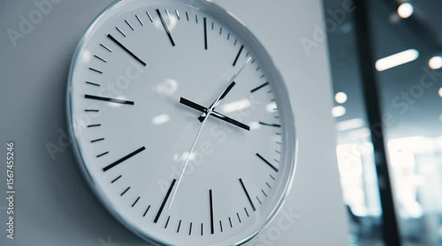  a minimalist white office wall clock with black hands rotating slowly to indicate passing time. The scene is bright and modern.4k ultra video real