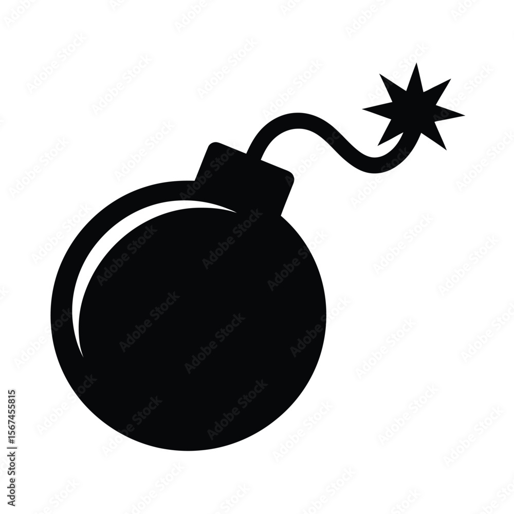 A minimalist black and white Silhouette design of a bomb against a plain white background A minimalist black and white Silhouette design of a bomb against a plain white background