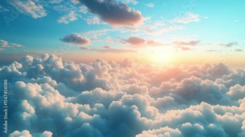 Aerial view of fluffy clouds at sunrise with sunlight breaking through