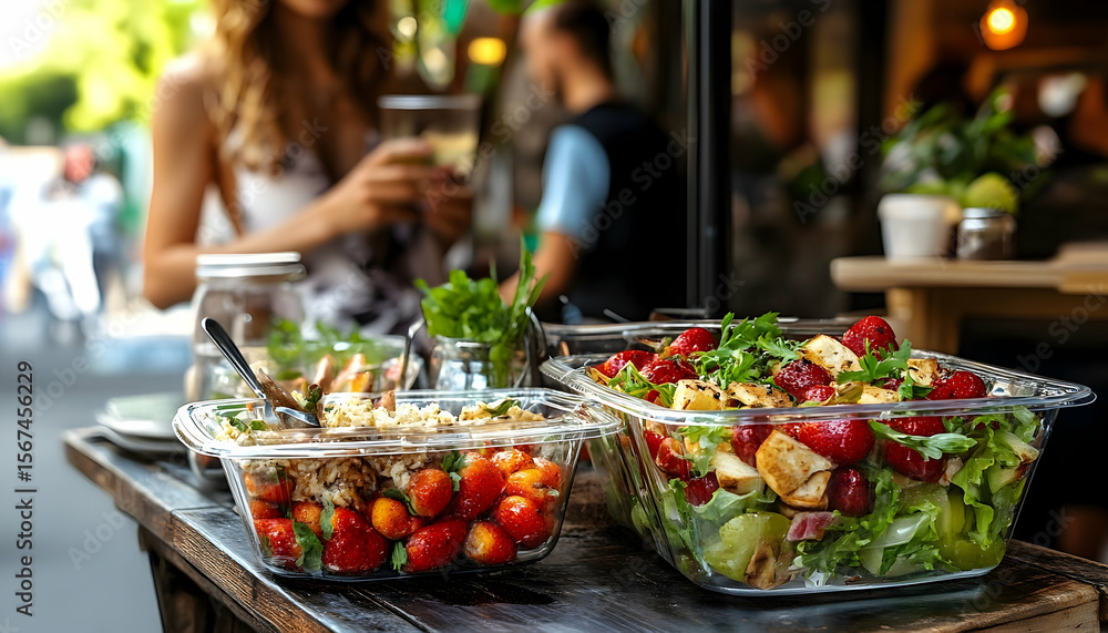 Fototapeta premium Fresh Salad in Clear Plastic Containers at an Outdoor Cafe