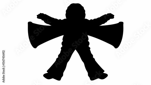 Silhouette of person with arms outstretched and legs apart in a star like pose on white background