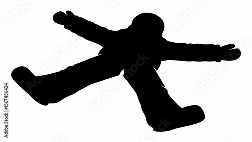 Silhouette of a person lying down with arms and legs spread out against a white background in winter time