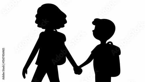 Silhouette of adult and child holding hands with backpacks ready for school or a walk in the park outing