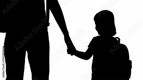 Silhouette of parent holding child's hand with backpack on white background symbolizing parenthood love