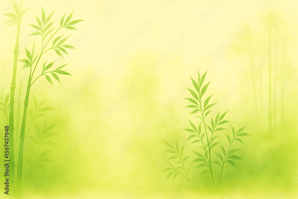 Fototapeta premium Green bamboo stalks with soft yellow background nature