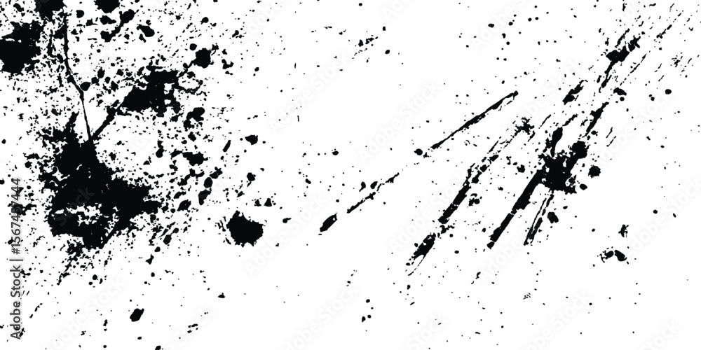Abstract ink splatter background with black and white textures. A dynamic and chaotic effect, movement with different sizes of spots, splashes, drips, drops and smudges. Isolated on white background.