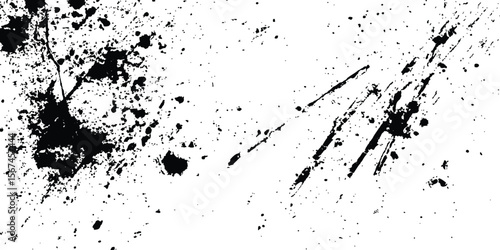Abstract ink splatter background with black and white textures. A dynamic and chaotic effect, movement with different sizes of spots, splashes, drips, drops and smudges. Isolated on white background. 