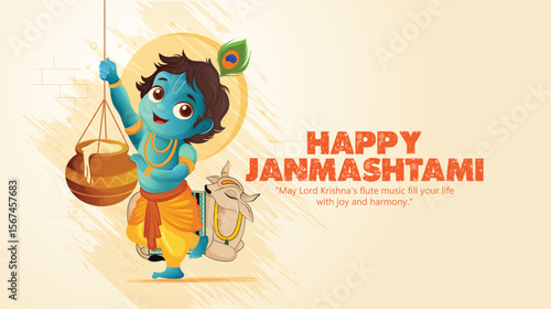 Janmashtami Celebration with Illustration of lord Krishna and baby Krishna and peacock feather Traditional Elements
