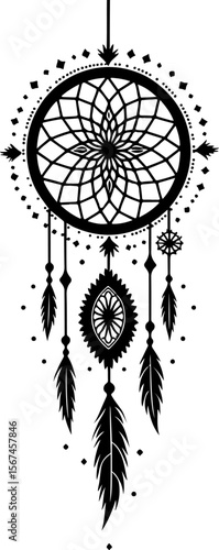 Traditional dreamcatchers ornament illustration black and white