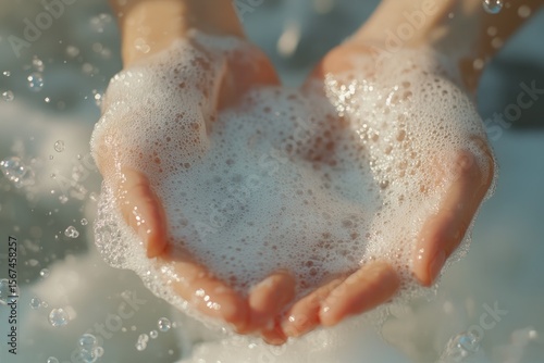 Close-up of both hands being washed with copious amounts of foam and bubbles	