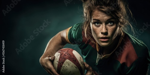 Female Rugby Player Holding Ball During Game