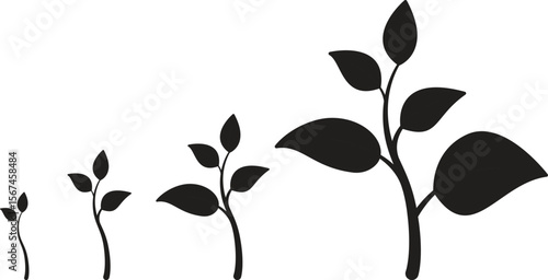 Set of growing plant icons representing eco-friendly growth stages, sustainable agriculture development, organic farming progress with transparent background