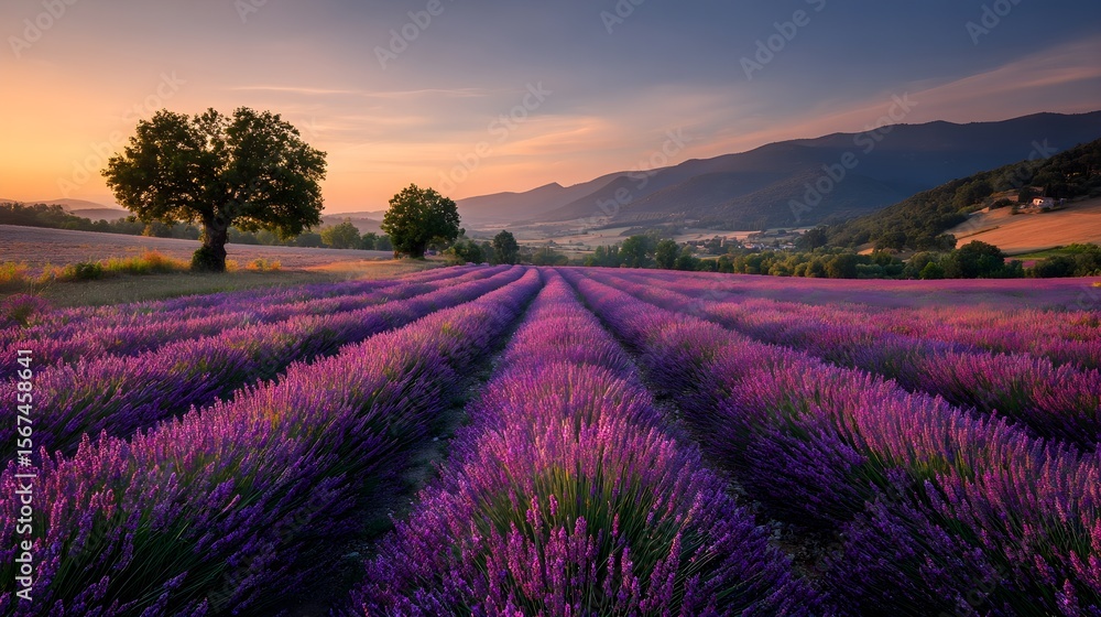Obraz premium Stunning Landscape with Lavender Field at Sunset | Purple Flower Meadow, Golden Hour Countryside Scenery