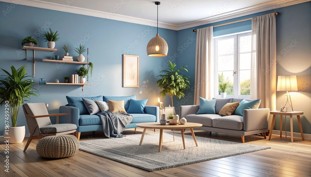 Fototapeta premium Serene Blue Living Room Interior Design Inspiration