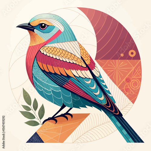 Colorful illustration of a vibrant bird with intricate details, perched gracefully, harmonizing with geometric shapes
