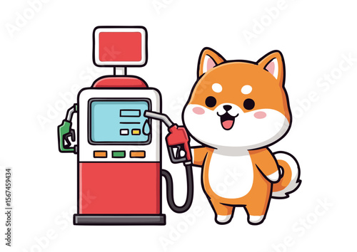 Adorable Shiba Inu Dog Cartoon Holding Gas Pump Nozzle Smiling Happily.