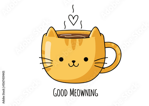 Cute Cartoon Coffee Cup Cat with Good Mewning.