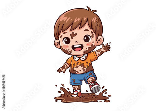 Cartoon Boy Covered in Mud Splashing in Puddle Wearing Orange Shirt.