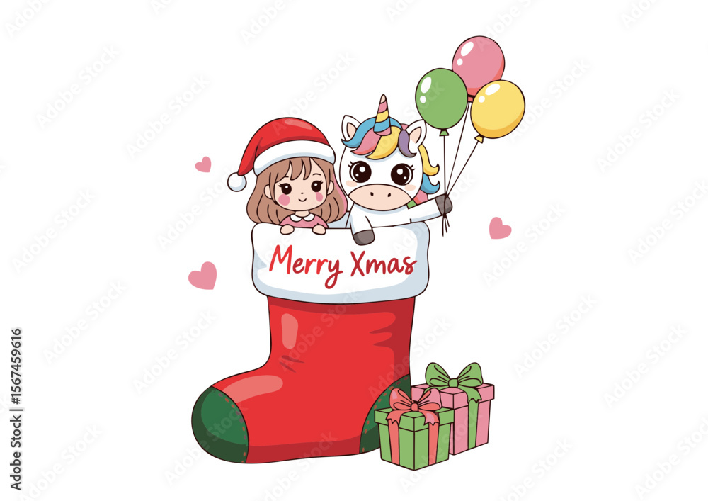 Obraz premium Adorable Christmas Stocking with Girl Unicorn and Balloons Merry Xmas.