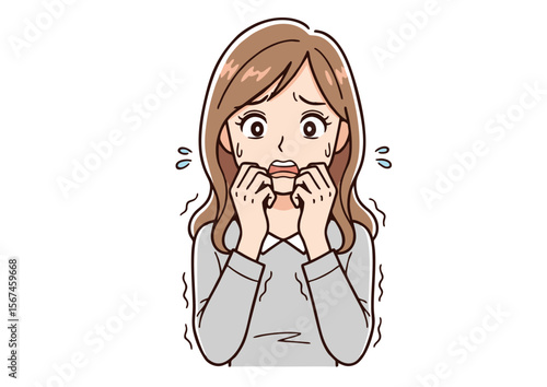 Anxious Woman with Brown Hair Biting Nails Wearing Grey Sweater.