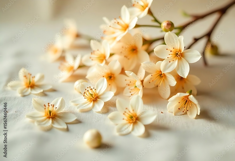 Fototapeta premium A delicate display of white and yellow cherry blooms
