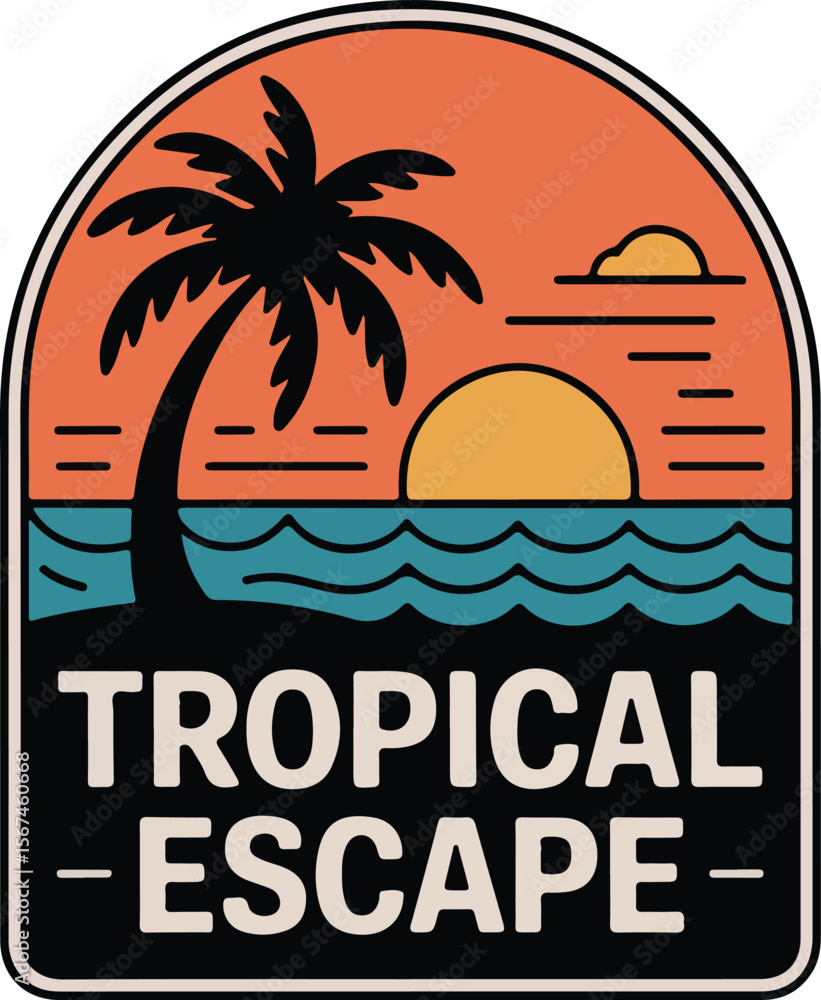 Naklejka premium Tropical Escape tranquil beach scene with a lone palm tree, the sun setting over the ocean and 