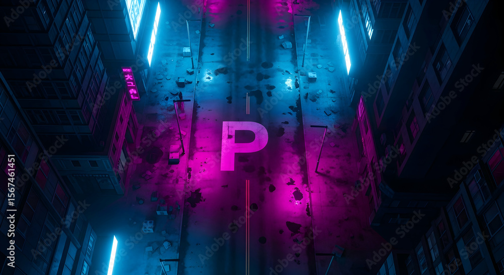 Naklejka premium Cyberpunk Parking Neon Cityscape Visual In Dystopian Urban Environment Concept