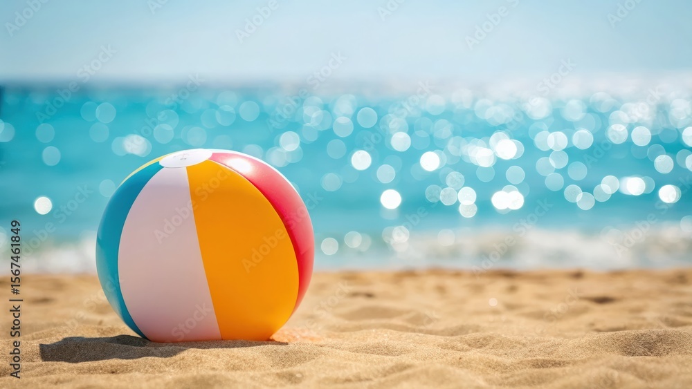 Obraz premium A colorful beach ball rests on the sand near sparkling ocean waves.