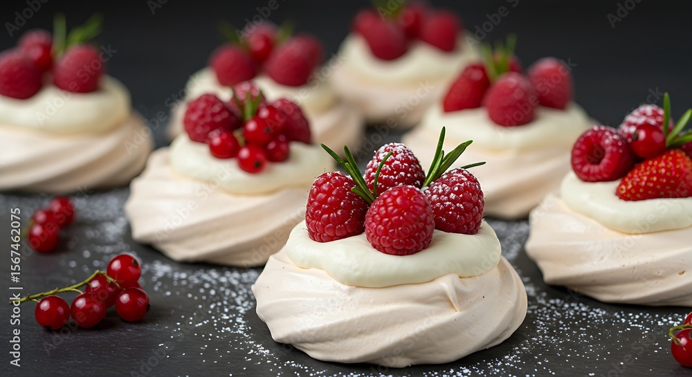 individual Christmas pavlovas, crisp meringue shells filled with whipped cream and topped with vibrant red berries (raspberries, strawberries) and a dusting of powdered sugar. individual Christmas pavlovas, crisp meringue shells filled with whipped cream and topped with vibrant red berries (raspberries, strawberries) and a dusting of powdered sugar.