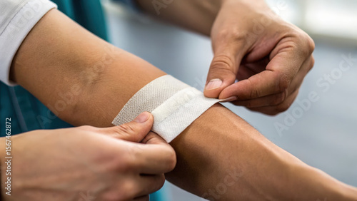 Person applies bandage to arm, demonstrating care and attention to minor injury. This preventive measure is essential for effective wound healing