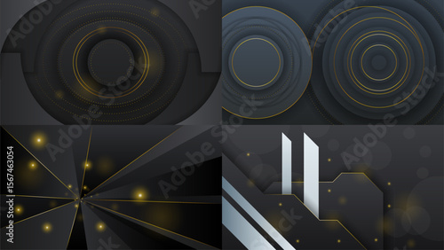 Set Abstract Collection Dark Black Gold Material Modern Background With Golden Lines Stripes Shadows Backdrop Wallpaper Decoration Vector Design Style