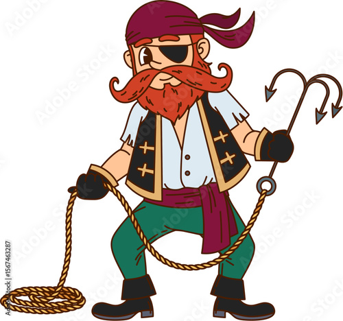 Cartoon groovy corsair or pirate character with grappling hook, vector personage. Funny groovy pirate or boatswain in bandana and corsair eyepatch, Caribbean sailor skipper with beard grappler hook