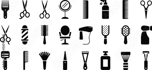 Barbershop tools icon set cad drawing flat vector illustration, combs, scissors, clippers, mirrors, razors, spray bottles, grooming layout
