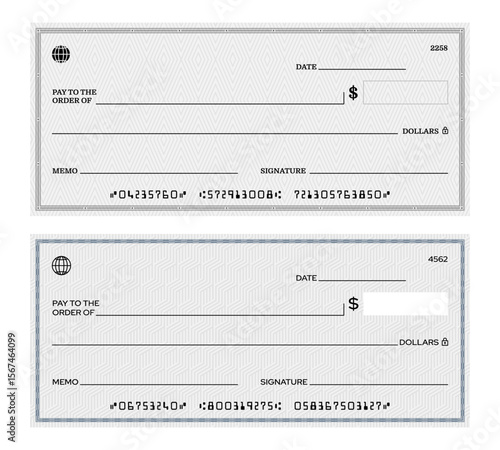 Blank bank check template, checkbook cheque with security backgrounds, micr encoded numbers and fields for payee, amount, date, memo, and signature. Vector money currency payment coupon