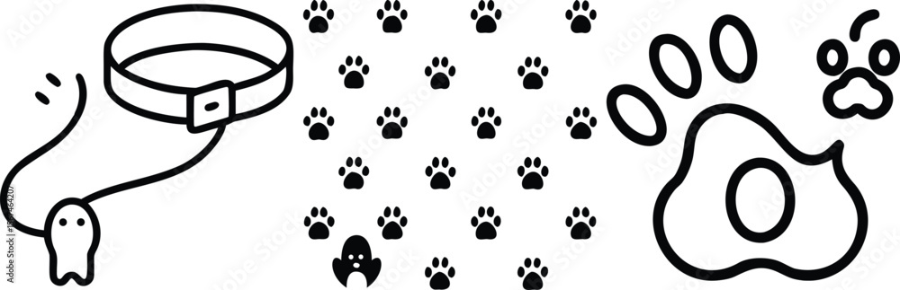 Collection of simple black and white line art icons for pets and halloween