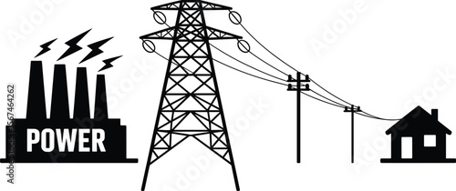 Electric power generation and transmission system illustration, energy distribution, high voltage tower, utility poles, power plant to home electricity network