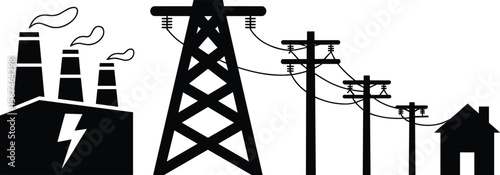 Electric power generation to home energy transmission concept, vector flat illustration of power plant to house, utility infrastructure system, cad drawing