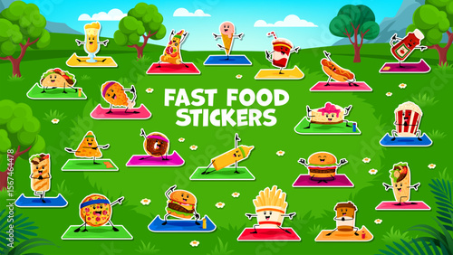 Cartoon fast food characters on yoga fitness, stickers pack. Taco, pizza, ice cream and soda, hotdog, ketchup, cake, popcorn and nacho fast food vector funny personages doing yoga exercises stickers
