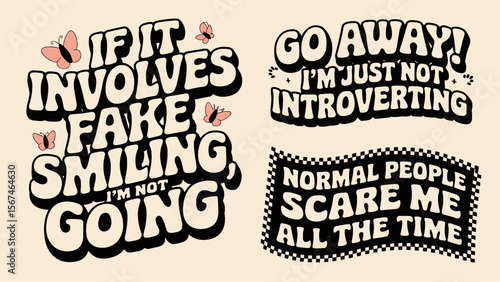 Introvert humor quote bundle with retro bubble text style, sarcastic sayings, and playful graphics for apparel, stickers, posters, and digital design