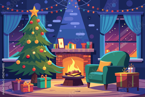 Cozy Christmas Eve Fireplace, Tree, and Gifts Await