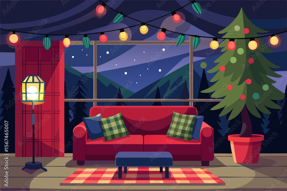 Cozy Christmas Cabin Night Festive Lights and Mountain View Cozy Christmas Cabin Night Festive Lights and Mountain View
