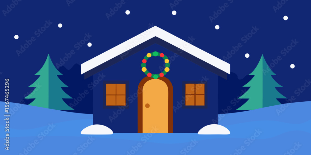 Naklejka premium A festive winter landscape with a snow-covered house and a decorated Christmas tree under a starry night sky