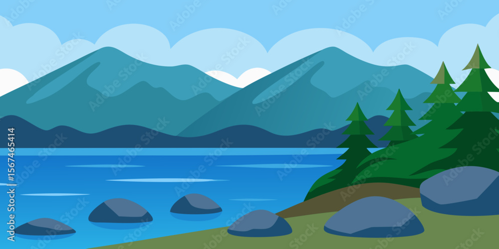 Mountain landscape with a blue lake, clouds, and a panoramic view of nature Mountain landscape with a blue lake, clouds, and a panoramic view of nature