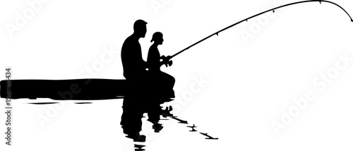 silhouette of a fisherman and a fishing, fishing, fisherman, silhouette, sport, fish, rod, vector, people, leisure, illustration, water, sea, sunset, angler, rope, person, hobby, woman, fun, black