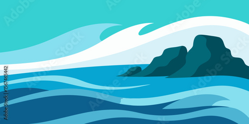 Rolling waves of blue ocean water crash upon a summer beach under a vast sky, an idyllic nature landscape perfect for travel