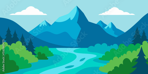 Mountain lake landscape with morning mist, clouds, and a blue sky